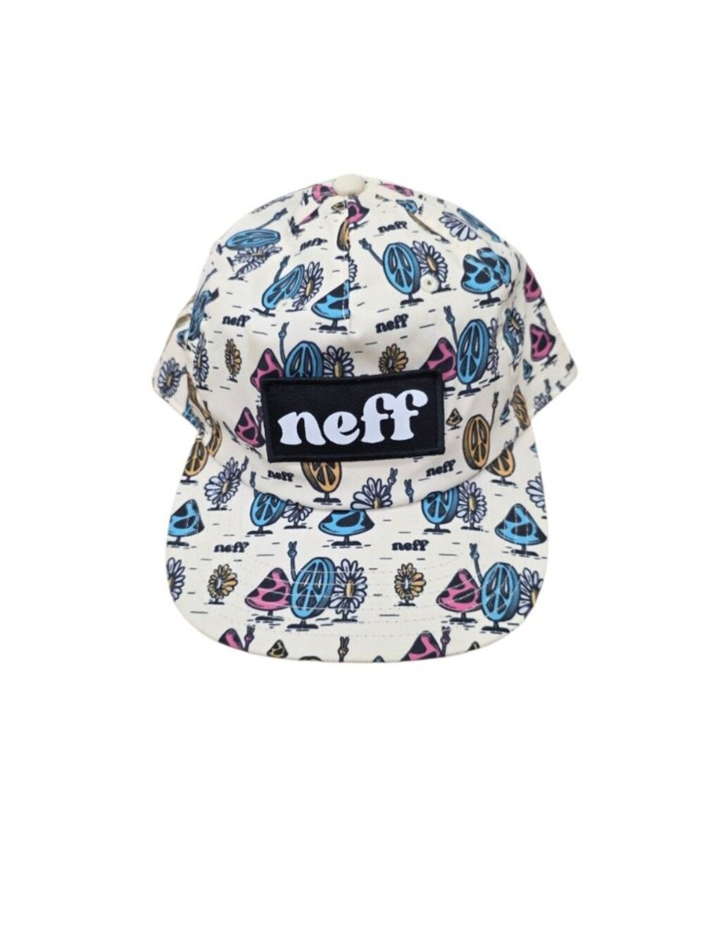 Neff Peace Flower Pizza All Over Logo Flat Bill Hat Snap Back Cap Beige
